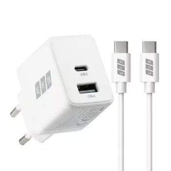 EFB Elektronik G201A1CE cargador de pared GaN de 20W USB-C PD3.0 + USB-A QC3.0 con cable USB-C de 2m, blanco