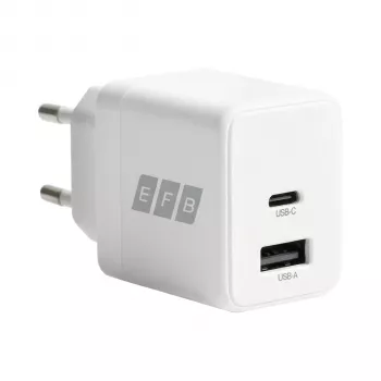 EFB Elektronik G201A1CE cargador de pared GaN de 20W USB-C PD3.0 + USB-A QC3.0 con cable USB-C de 2m, blanco