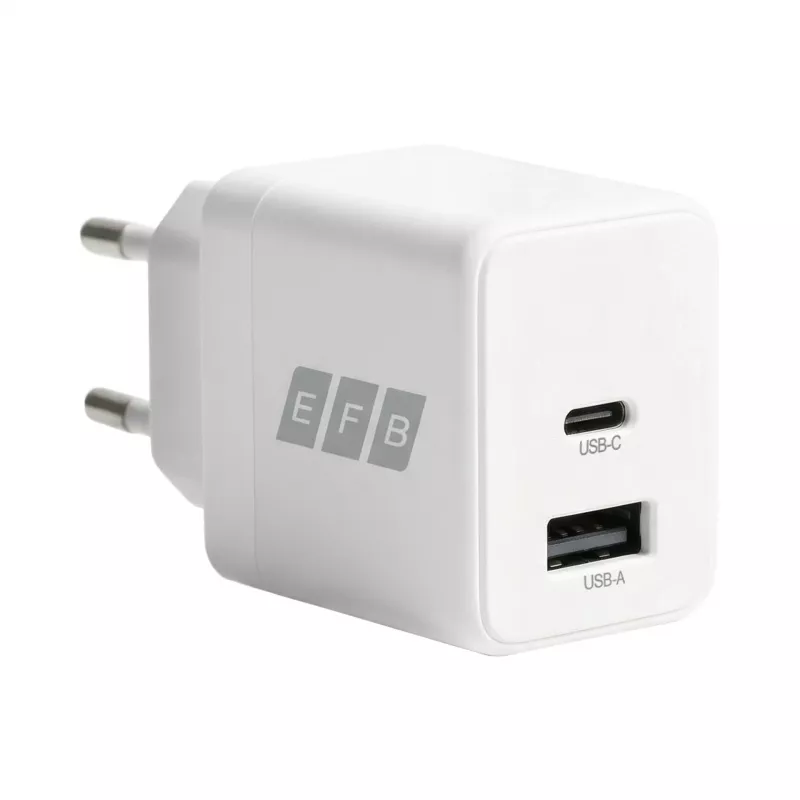 EFB Elektronik G201A1CE cargador de pared GaN de 20W USB-C PD3.0 + USB-A QC3.0 con cable USB-C de 2m, blanco
