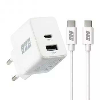 EFB Elektronik G301A1CE cargador de pared GaN de 30W USB-C PD3.0 + USB-A QC3.0 con cable USB-C de 2m, blanco