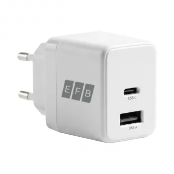 EFB Elektronik G301A1CE cargador de pared GaN de 30W USB-C PD3.0 + USB-A QC3.0 con cable USB-C de 2m, blanco