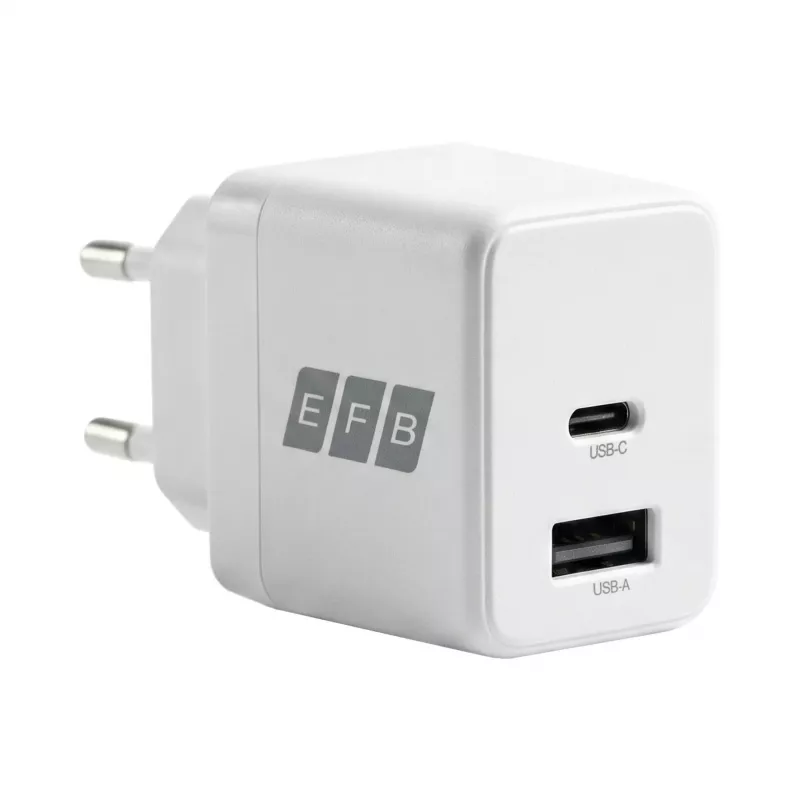 EFB Elektronik G301A1CE cargador de pared GaN de 30W USB-C PD3.0 + USB-A QC3.0 con cable USB-C de 2m, blanco