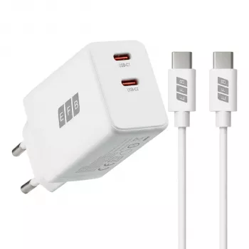 EFB Elektronik G452CE cargador de pared GaN dual USB-C de 45W con cable USB-C de 2m, blanco