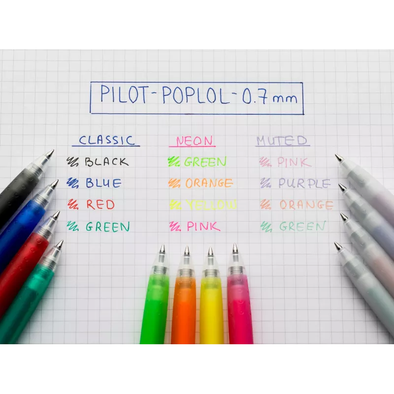 PILOT pop'lol Set de bolígrafos de gel pastel 0,4 mm, colores surtidos, 4 bolígrafos (BL-PL-7-KUV/P/O/G-S4P)