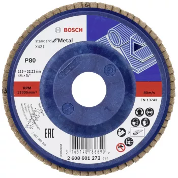 Bosch X431 Disco de láminas abrasivas estándar para metal, 115 mm, corindón de circonio, grano P60, perforación 22,23 mm 2608601272