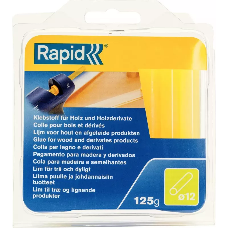 RAPID TOOLS 40107360 barras de pegamento termofusible para madera, papel, cartón, 12 mm de diámetro, cortas, amarillentas, 1 ud.