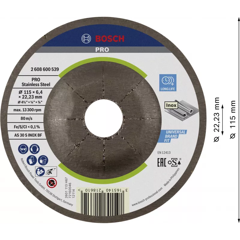 Bosch 2608600539 Disco de desbaste de centro hundido 115 x 22,23 mm, 1 unidad