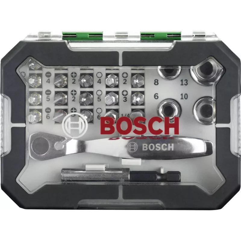 Bosch Accessories Promoline 2607017392 Set de 27 puntas de atornillar con puntas planas, Phillips, Pozidriv, hexagonales y Torx en maletín de almacenamiento