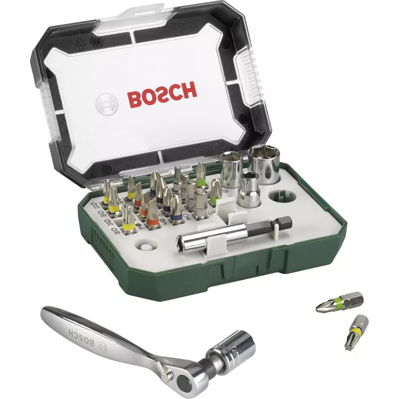Bosch Accessories Promoline 2607017392 Set de 27 puntas de atornillar con puntas planas, Phillips, Pozidriv, hexagonales y Torx en maletín de almacenamiento
