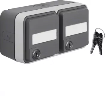 Toma SCHUKO de superficie Hager WNC147, 2 módulos, gris, IP44, tapa abatible