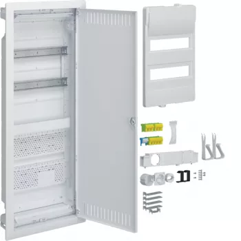 Cuadro de distribución de empotrar HAGER VU602NWH con toma de corriente y puerta de acero, 2 filas, 24 módulos, blanco