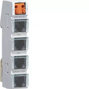 Hager LMN módulo de bus con 4 conectores RJ12, alimentación activa, montaje en carril DIN, 2 módulos de ancho ZZ12LMN04A
