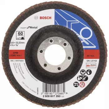 Bosch X551 disco de láminas estándar para metal, 115 mm de diámetro, 22,33 mm de taladro, grano 60, corindón de circonio, cónico, 1 ud. 2608607350