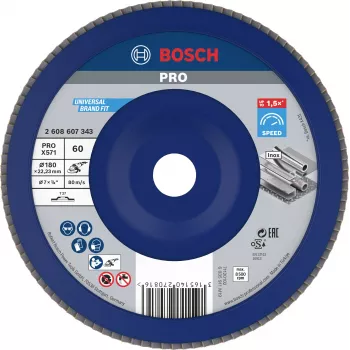 Disco de láminas Bosch X571 Best for Metal, 180 mm de diámetro, 22,33 mm de agujero, corindón de circonio, grano K40, cónico tipo 29, para acero y metales férricos 2608607343