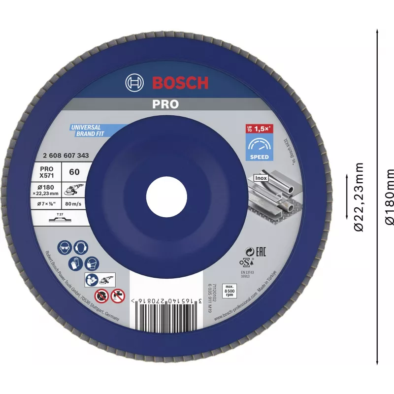 Disco de láminas Bosch X571 Best for Metal, 180 mm de diámetro, 22,33 mm de agujero, corindón de circonio, grano K40, cónico tipo 29, para acero y metales férricos 2608607343