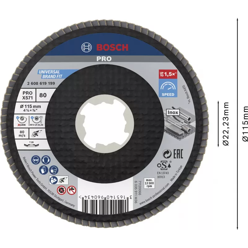Bosch Accessories 2608619199 disco de láminas X-LOCK 115 mm grano 80 corindón de circonio cónico Tipo 29 para metal, 1 ud.