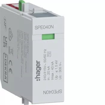 Hager Módulo de protección contra sobretensiones N-PE Tipo 2 SPD 255V 20kA/40kA 1,5kV SPE040N