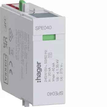 Hager SPE040 módulo de protección contra sobretensiones L-N Uc 275V In 20kA Imax 40kA Up 1,35kV
