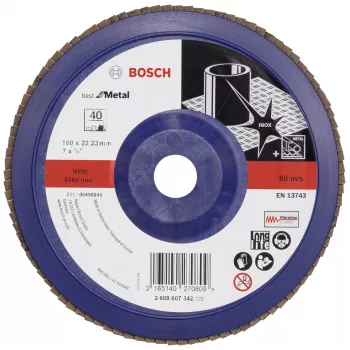 Disco de láminas Bosch X571 Best for Metal, 180 mm de diámetro, 22,23 mm de agujero, corindón de circonio, grano 40, 1 ud. 2608607342