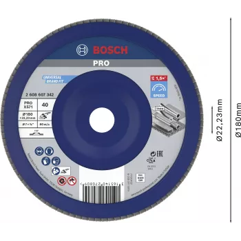 Disco de láminas Bosch X571 Best for Metal, 180 mm de diámetro, 22,23 mm de agujero, corindón de circonio, grano 40, 1 ud. 2608607342