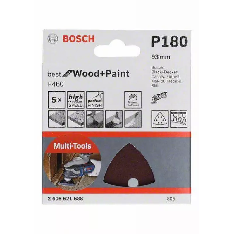 Bosch 2608621688 papel de lija delta grano 180, 93 mm, 5 uds.