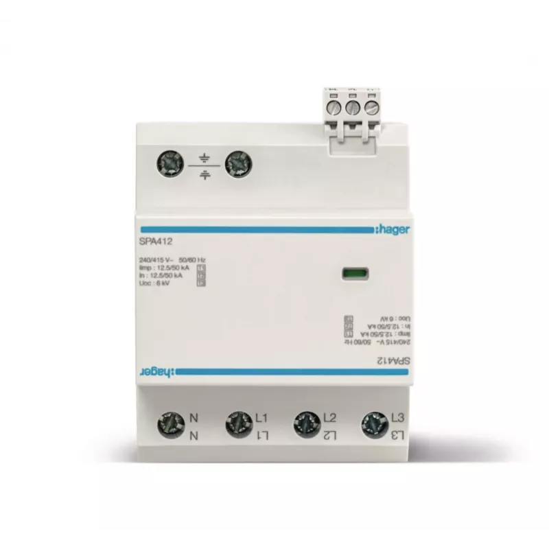 HAGER SPA412 protector contra sobretensiones combinado tipo 1+2+3, 12,5kA, TNS/TT, 4 polos, 230/400V
