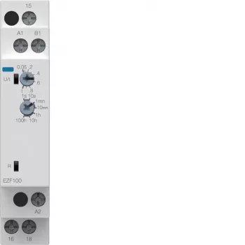 Hager EZF100 relé temporizador multifunción, 230V AC, 8 funciones, 0,1s-10h, 1 contacto CO, carril DIN