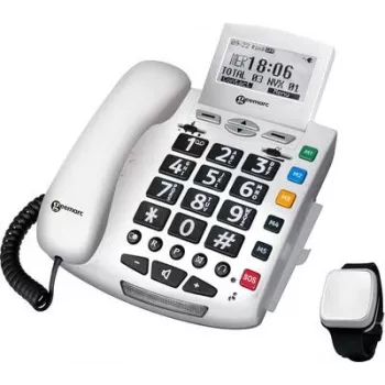Geemarc pack SERENTIES teléfono con cable para personas mayores con colgante de detección de caídas, pantalla retroiluminada, blanco