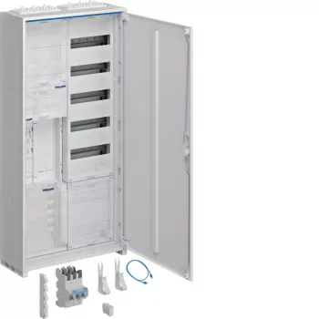 Hager ZB32SEQ15A Caja completa de contador y distribución, 1 campo de contador eHZ, campo de distribución de 5 filas, APZ integrada, montaje en superficie/empotrado, acero, blanco