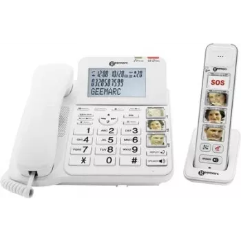 Teléfono para mayores con cable Geemarc AMPLIDECT COMBI-PHOTO 295 con contestador automático, teclas con foto, pantalla retroiluminada, blanco