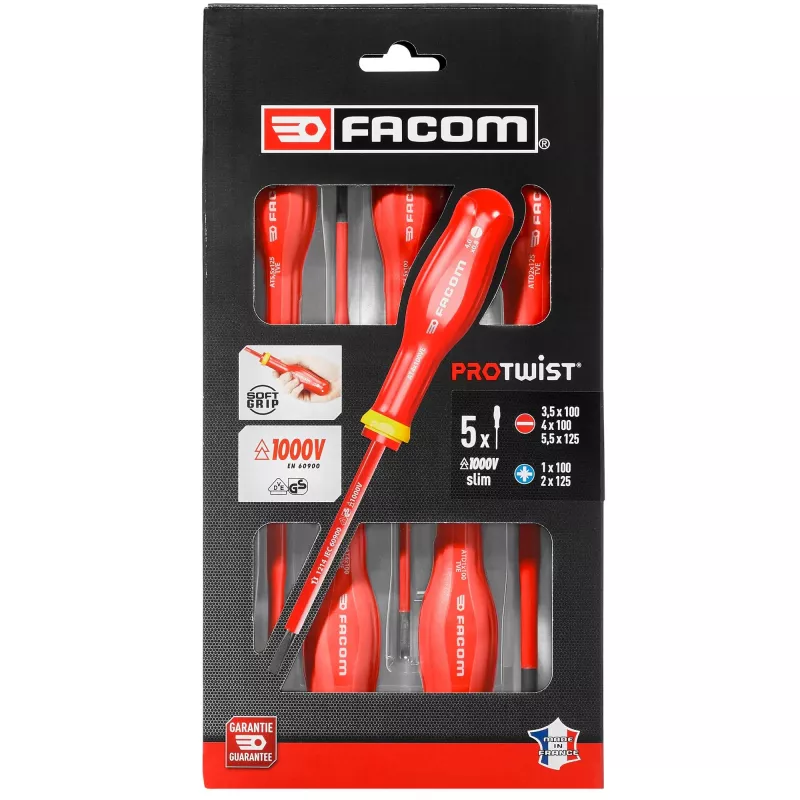 Facom ATD.J5TVEPB Protwist Juego de destornilladores para electricista aislados VDE de 5 piezas 1000V