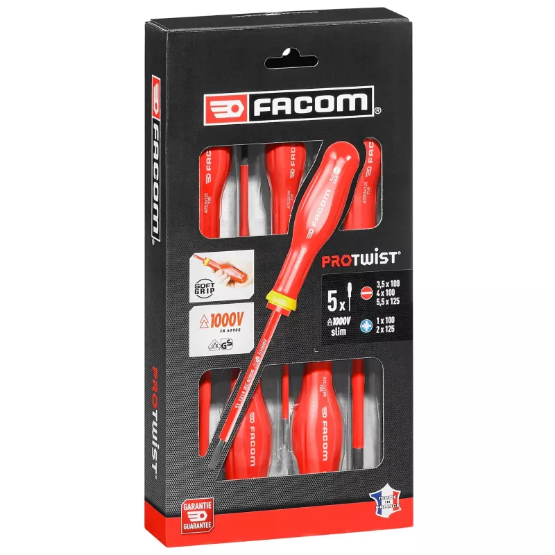 Facom ATD.J5TVEPB Protwist Juego de destornilladores para electricista aislados VDE de 5 piezas 1000V