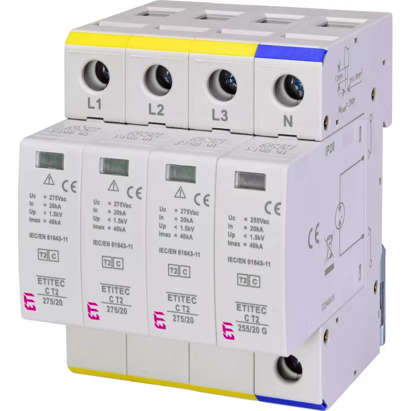 ETI ETITEC C T2 275/20 3+1 protector contra sobretensiones tipo 2, 275 V AC, 4 polos 002440403