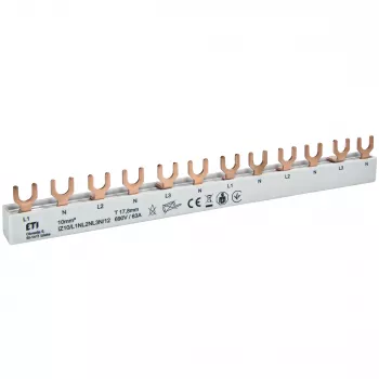 ETI 002921268 Barra colectora de cobre IZ10/L1NL2NL3N/12 para ETIMAT 1P+N, 690V, 63A, tipo horquilla
