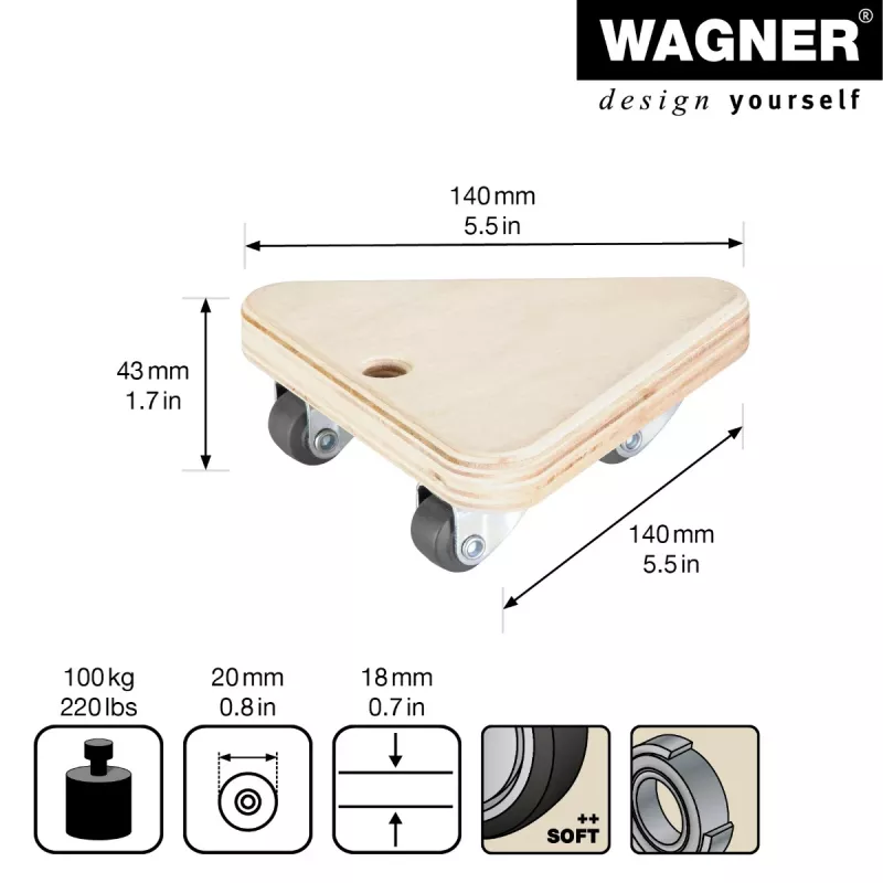 Wagner design yourself Rodillo de transporte MM 1313 Abedul 140 x 140 x 43 mm, 100 kg de carga, 4 ruedas giratorias 20131301