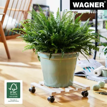Wagner design yourself Rodillo portamacetas GH 0438, cuadrado, madera maciza de haya, 34 x 34 x 8 cm, 4 ruedas giratorias, 100 kg de carga, Natural, personalizable 20043801