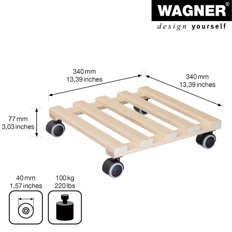 Wagner design yourself Rodillo portamacetas GH 0438, cuadrado, madera maciza de haya, 34 x 34 x 8 cm, 4 ruedas giratorias, 100 kg de carga, Natural, personalizable 20043801
