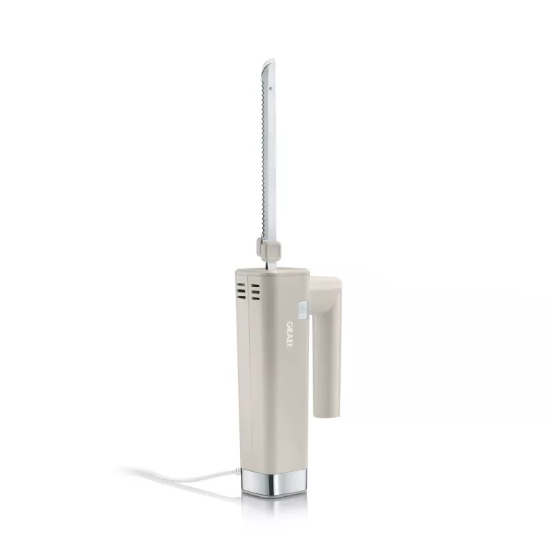 GRAEF EK508EU cuchillo eléctrico 180 W cuchillas de acero inoxidable, 2 cuchillas de filo ondulado, mango ergonómico, bloque de almacenamiento de madera, interruptor de seguridad, cable de 1,2 m, blanco