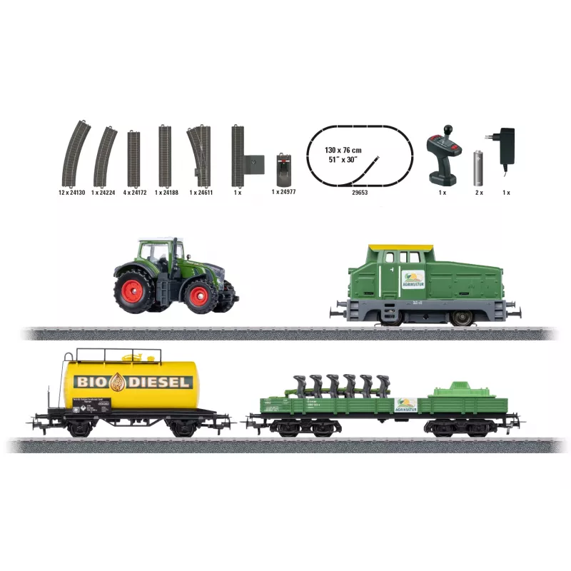 Märklin 29653 H0 set de iniciación Agricultura – locomotora de vapor digital BR 81 con sonido mfx+, Mobile Station 3, óvalo de vía C, vagón con tractor y balas de heno