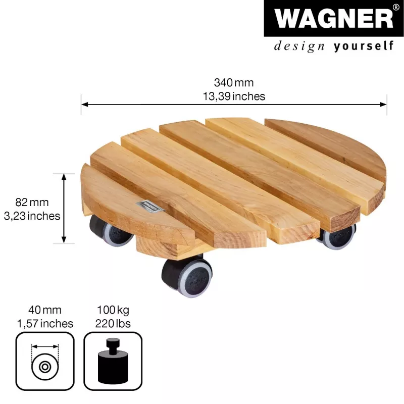 WAGNER Multiroller ERLE soft redondo Ø34cm rodapié con ruedas, madera maciza de aliso, 100 kg, 3 ruedas giratorias, protector de suelos 20026201
