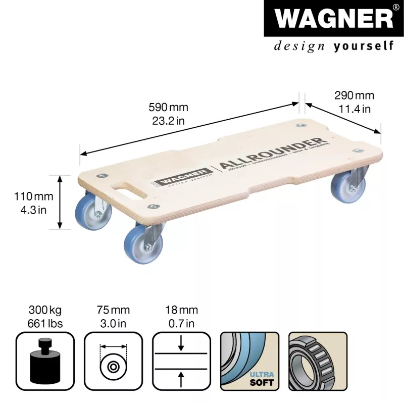 Wagner design yourself Rueda de transporte MM 1325 abedul 590 x 290 x 110 mm hasta 300 kg (20132501)