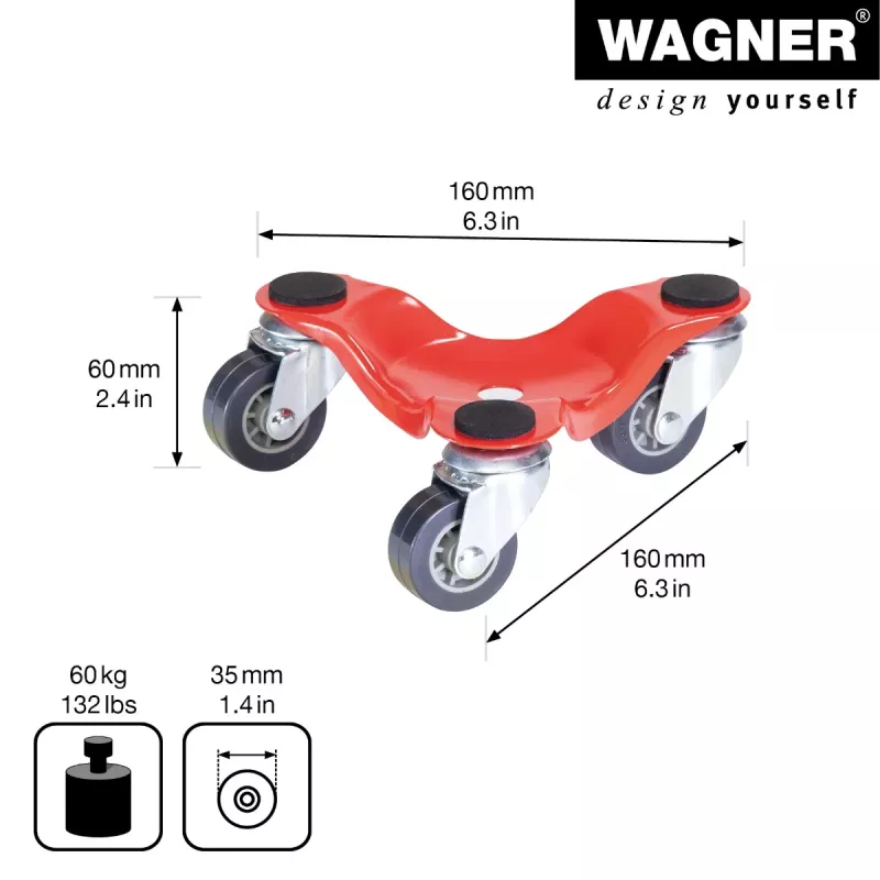 Wagner design yourself Rueda de transporte MM 1193 rojo 160 x 160 x 60 mm, 60 kg carga, 4 ruedas giratorias (20119301)