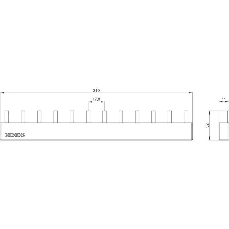 SIEMENS Barra colectora de clavijas 4x3 fases 5ST3645, 12 módulos, 63 A, 400 V, 10 mm², totalmente aislada