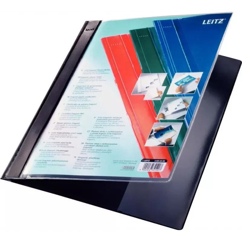 LEITZ Carpeta de presentación Exquisit con bolsillo frontal, A4 sobremedida, funda rígida de PVC, negro, tapa transparente 4193-00-95