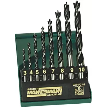 Brüder Mannesmann M54308 Juego de brocas para madera, 8 piezas, 3–10 mm, punta de centrado, acero al carbono, maletín de plástico