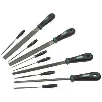 BRÜDER MANNESMANN GREEN LINE set de limas de taller de 10 piezas, 200 mm, picado 2, con mango y cepillo de alambre, envase blister (M61015)