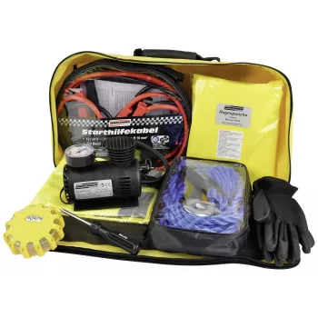 BRÜDER MANNESMANN Kit de emergencia y averías para automóvil con triángulo de advertencia, chaleco reflectante, botiquín de primeros auxilios, cable de remolque, cables de arranque, guantes de trabajo en bolsa de nailon amarillo neón (M01782)