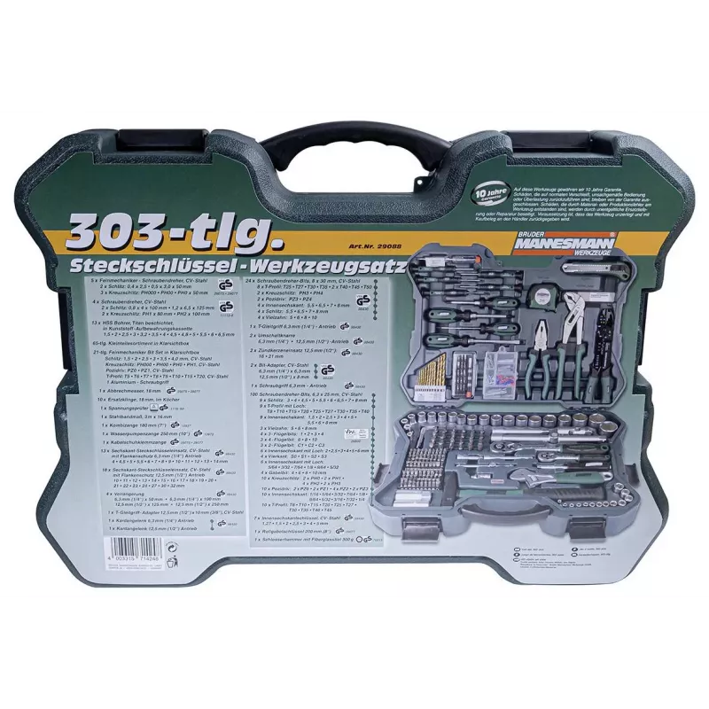 BRÜDER MANNESMANN Set de herramientas de 303 piezas en maletín de aluminio | herramientas manuales variadas, vasos, puntas | 29088