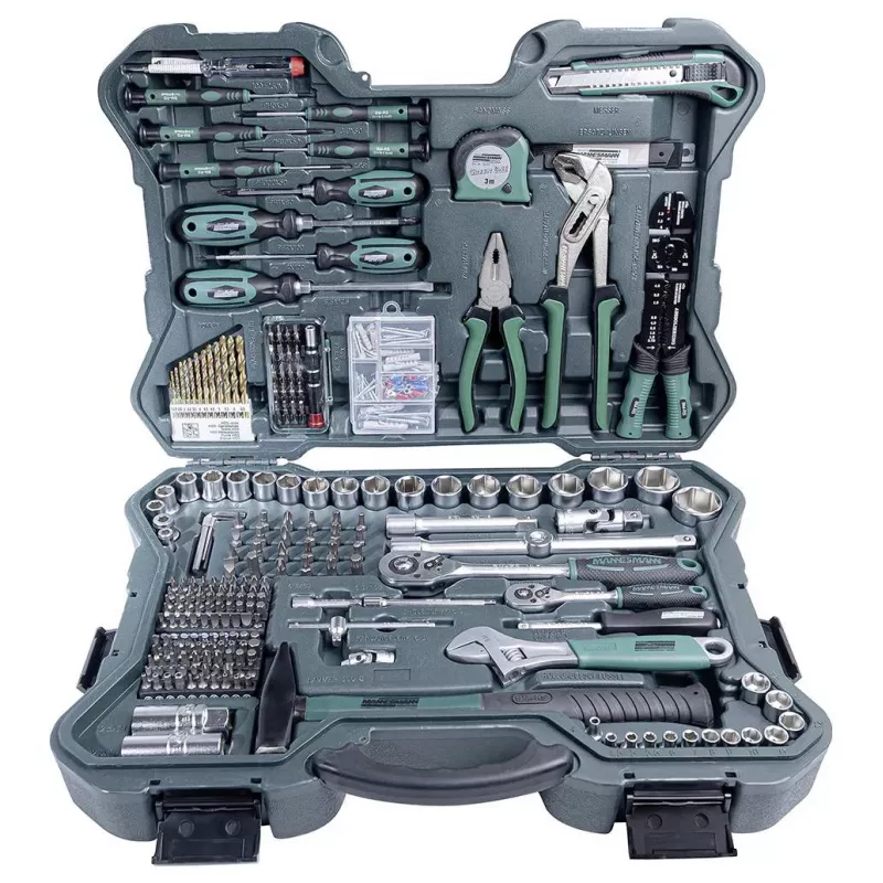BRÜDER MANNESMANN Set de herramientas de 303 piezas en maletín de aluminio | herramientas manuales variadas, vasos, puntas | 29088