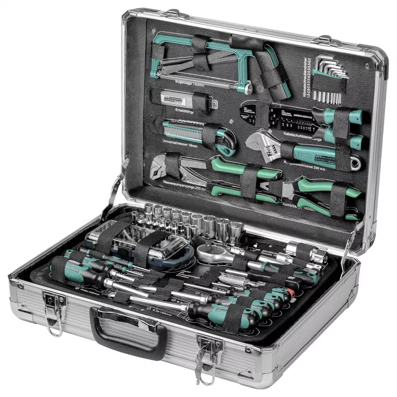 Brüder Mannesmann Set de herramientas de 124 piezas en maletín de aluminio, acero cromo-vanadio, accionamiento 1/4 pulgadas y 1/2 pulgadas 29072